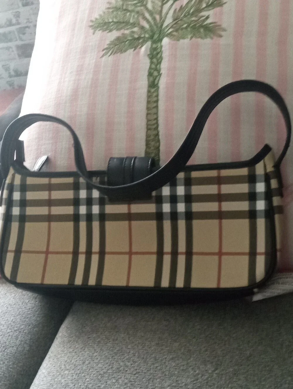 Burberry Beige and Black Plaid Shoulder Bag with Buckle Detail